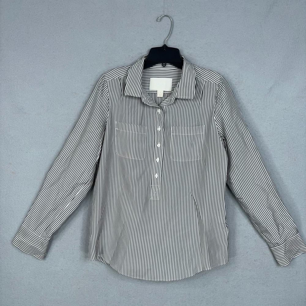 J.Crew Collection Shirt Womens 4 Black Striped 100% Silk Button Down Preppy